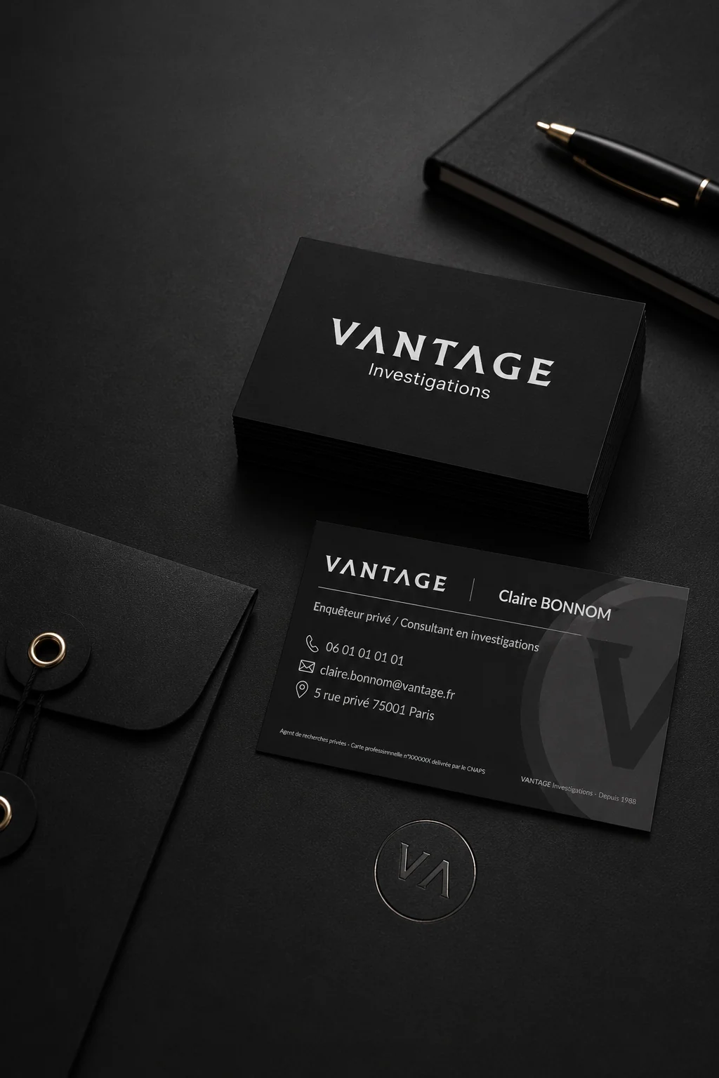 Vantage Investigations : projet conceptuel d’identité visuelle