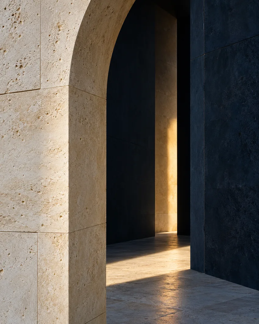 Arche de pierre traversée par une lumière chaude